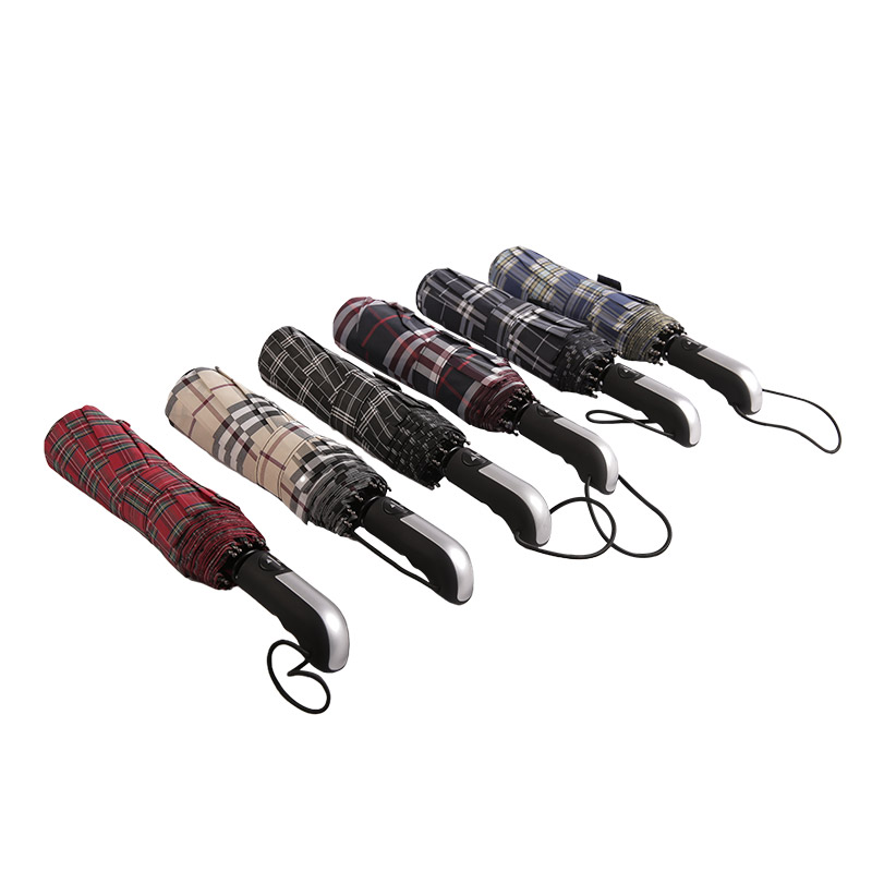 Donker gestreepte geruite pongee drievoudige paraplu-0E6B0533